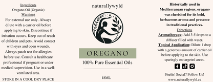Pure Oregano Essential Oil label in olive sage green for the Naturally Wyld 18ml amber bottle