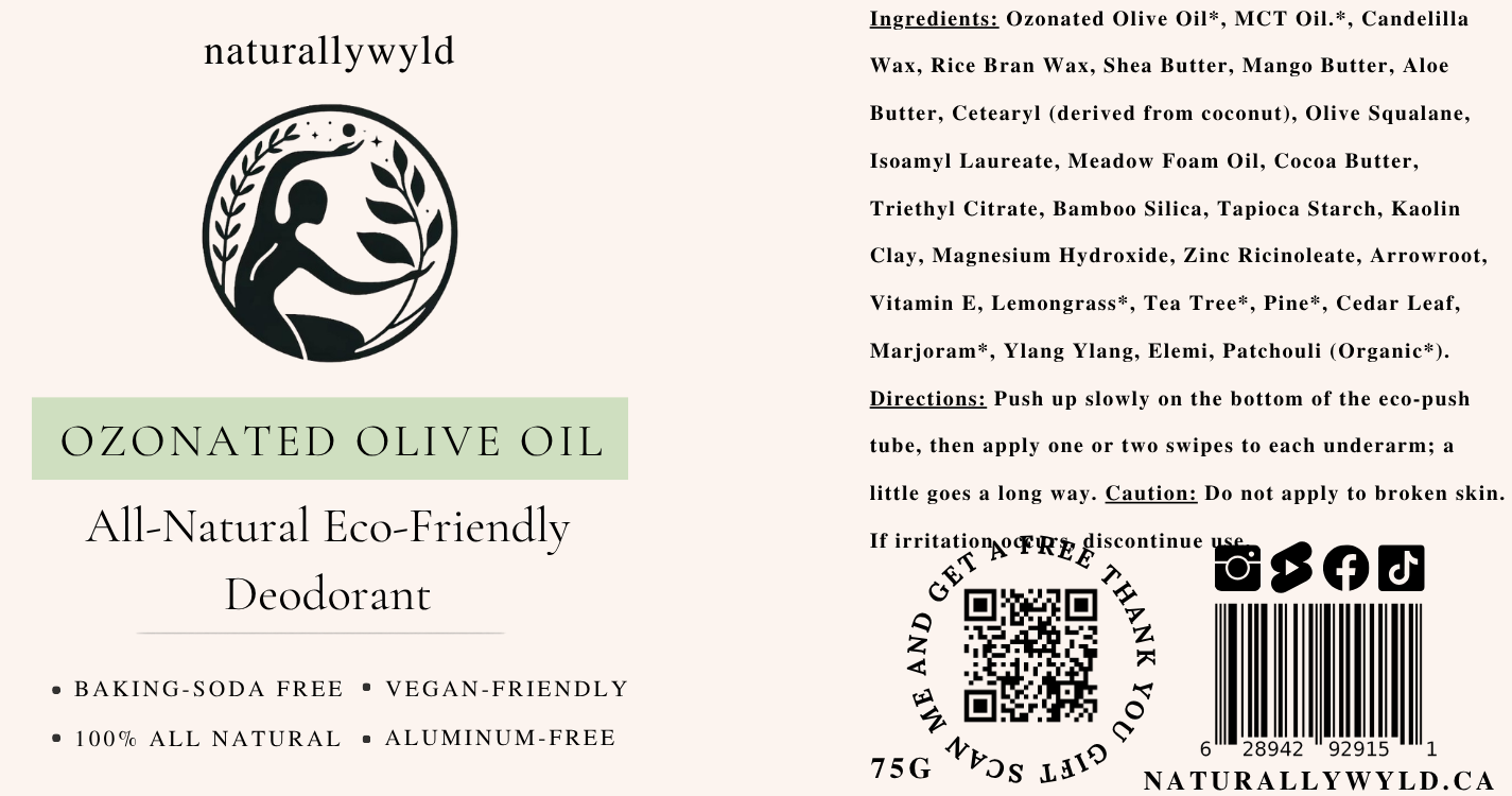 Ozonated Olive Oil natural deodorant label with full ingredients list by Naturally Wyld