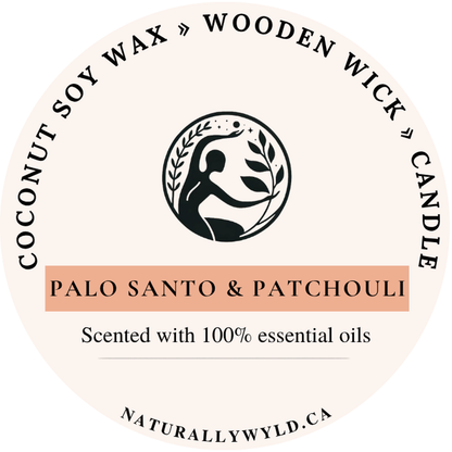 Palo Santo & Patchouli candle lid label — coconut soy wax wooden wick, scented with essential oils