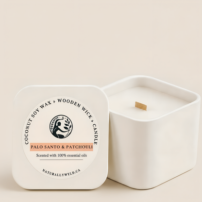 Palo Santo & Patchouli coconut soy wax wooden wick candle in 8oz white tin by Naturally Wyld