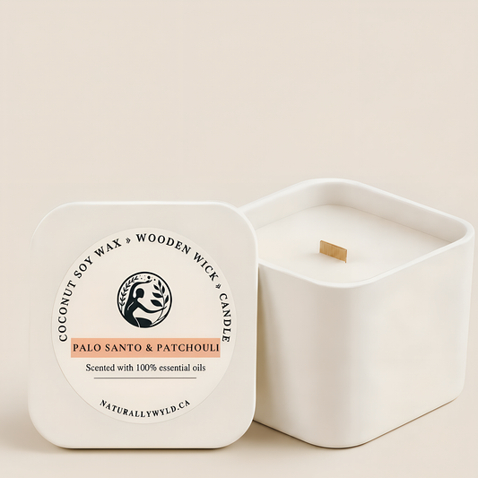 Palo Santo & Patchouli coconut soy wax wooden wick candle in 8oz white tin by Naturally Wyld