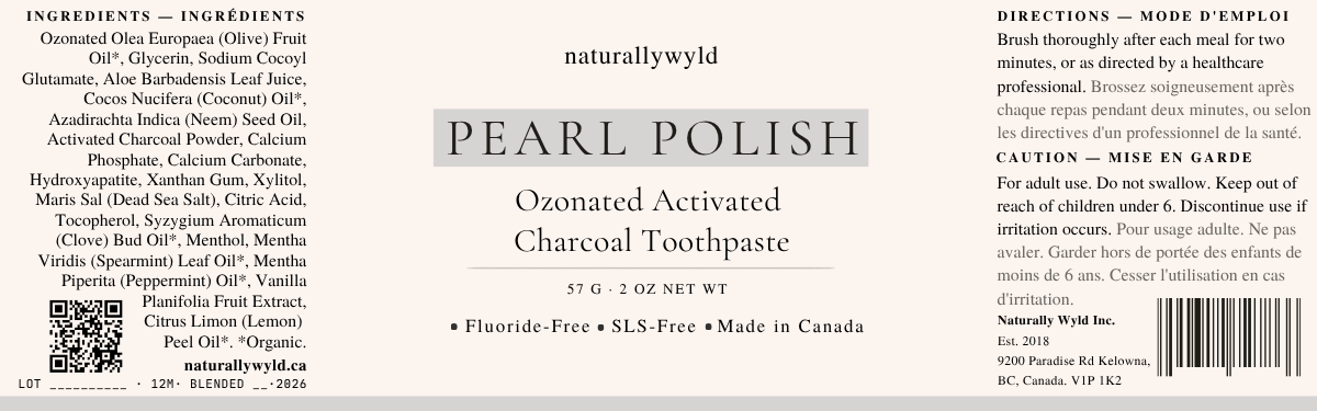 Pearl Polish ozonated activated charcoal toothpaste label