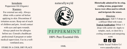 Pure Peppermint Essential Oil label in fresh mint green for the Naturally Wyld 18ml amber bottle