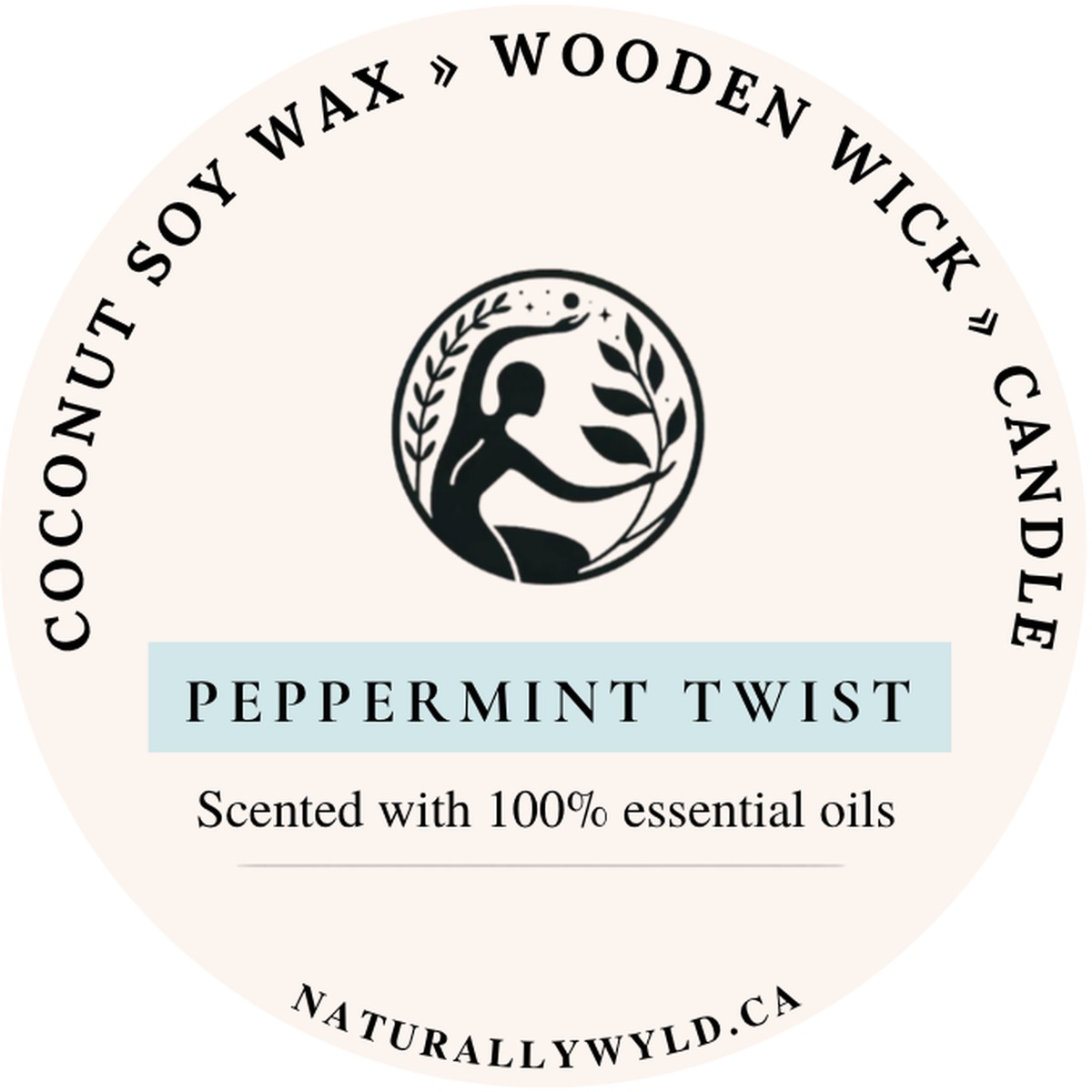 Peppermint Twist candle lid label — coconut soy wax wooden wick, scented with essential oils