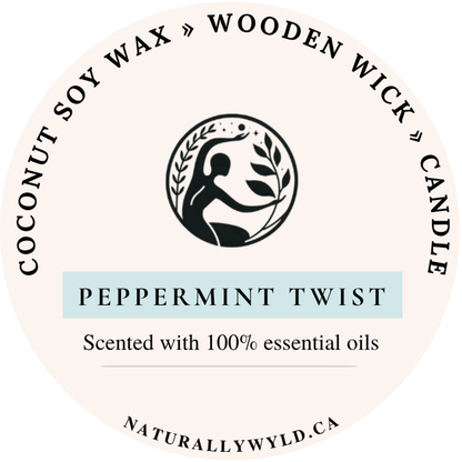 Peppermint Twist candle lid label — coconut soy wax wooden wick, scented with essential oils
