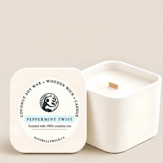 Peppermint Twist coconut soy wax wooden wick candle in 8oz white tin by Naturally Wyld