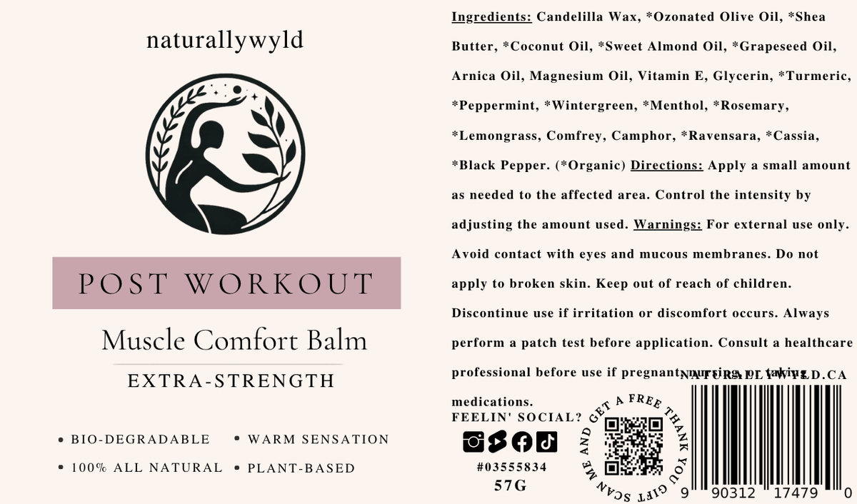 Post-Workout recovery balm label with full ingredients list by Naturally Wyld