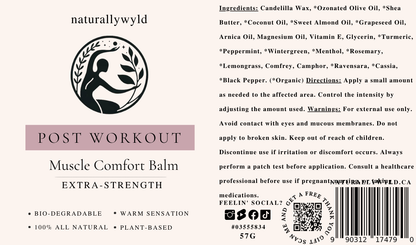 Post-Workout recovery balm label with full ingredients list by Naturally Wyld