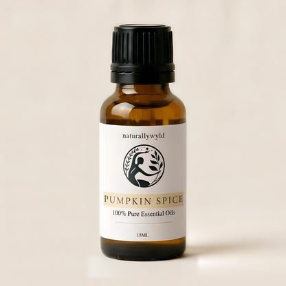 Amber 18ml dropper bottle of Naturally Wyld Pumpkin Spice essential oil blend with warm wheat tan label