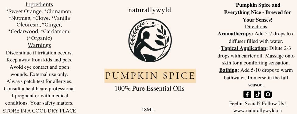 Pumpkin Spice essential oil blend label in warm wheat tan for the Naturally Wyld 18ml amber bottle