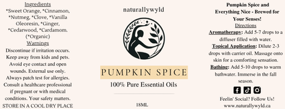 Pumpkin Spice essential oil blend label in warm wheat tan for the Naturally Wyld 18ml amber bottle