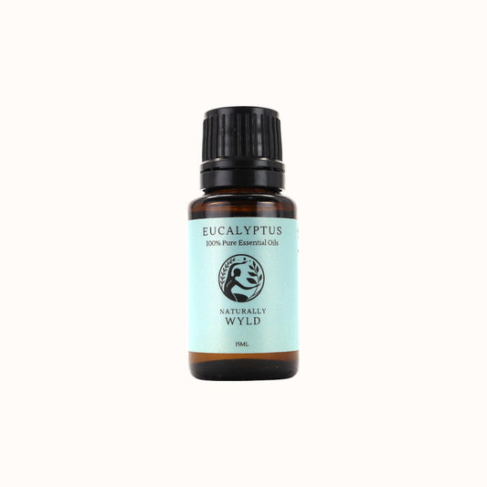 Amber glass bottle of Pure Eucalyptus Essential Oil (18ml) with green label – used for clarity and aromatic breathing support.