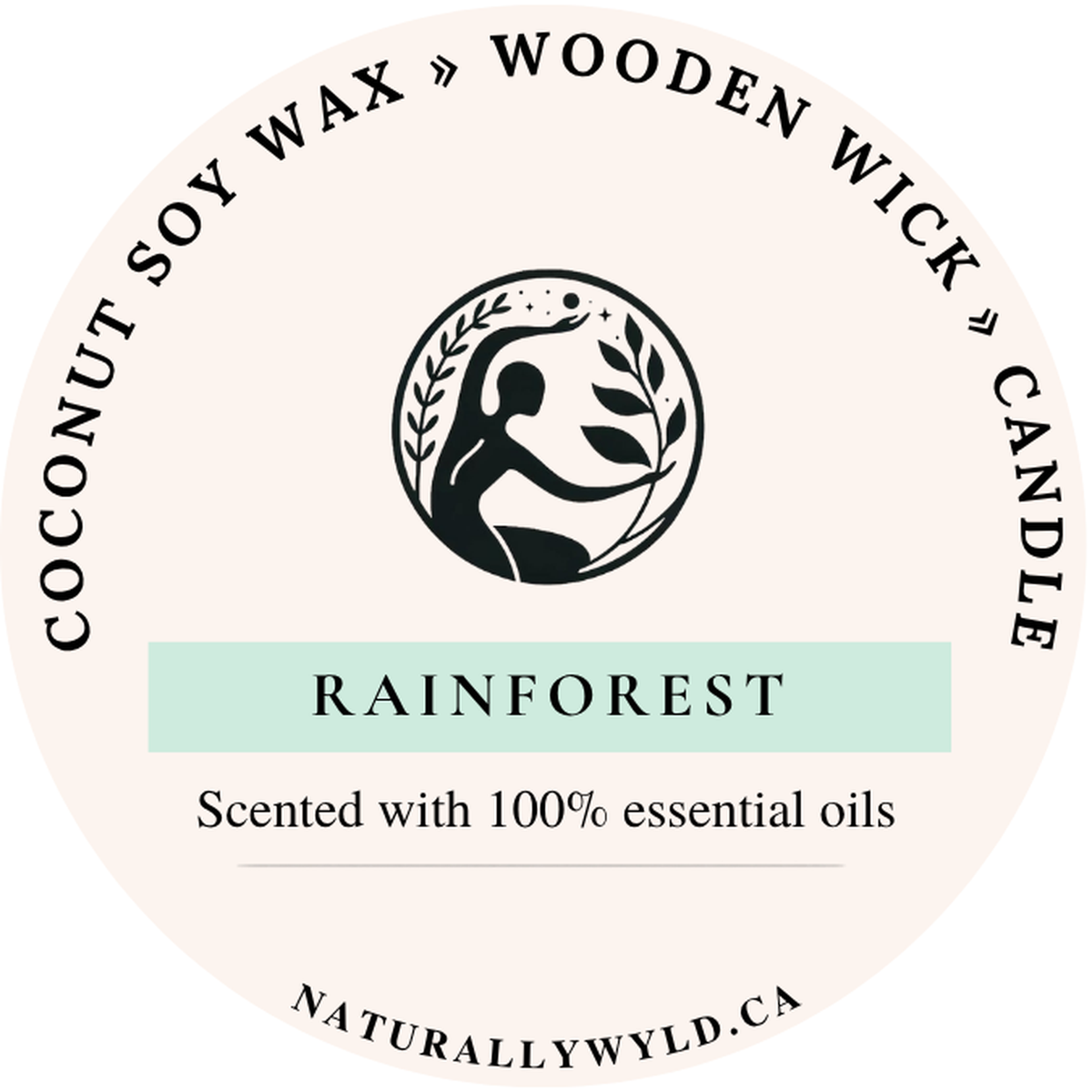 Rain Forest candle lid label — coconut soy wax wooden wick, scented with essential oils