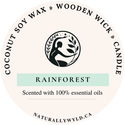 Rain Forest candle lid label — coconut soy wax wooden wick, scented with essential oils