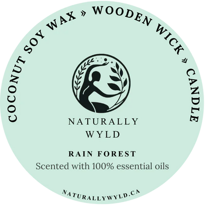 Naturally Wyld Rainforest Candle label with coconut soy wax and wooden wick, scented with 100% essential oils
