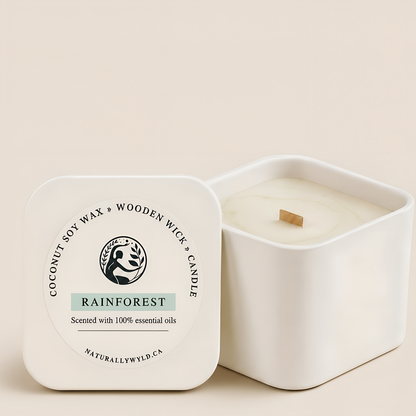 Rain Forest coconut soy wax wooden wick candle in 8oz white tin by Naturally Wyld