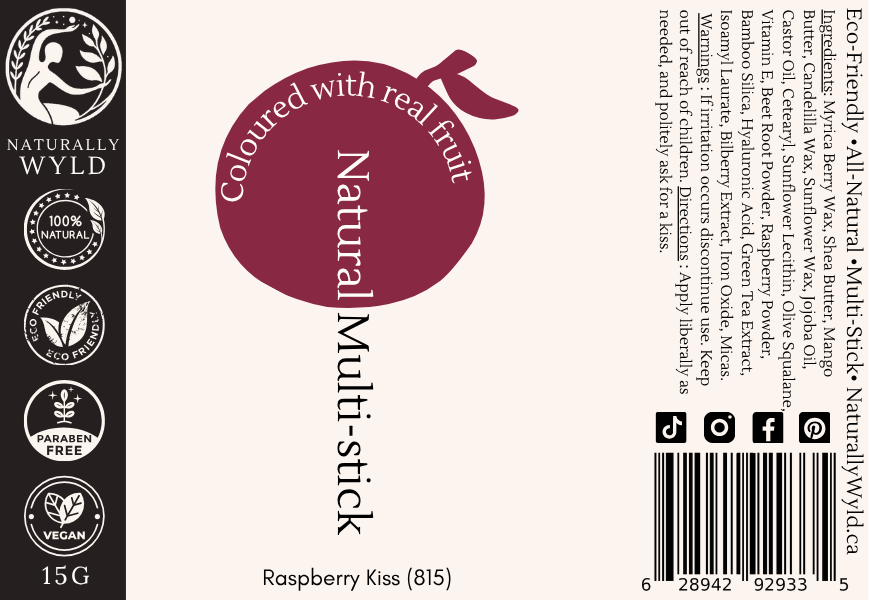 Label for Raspberry Kiss Natural Multi-Stick by Naturally Wyld – a vegan, fruit-pigmented, all-in-one makeup stick for lips, cheeks, and eyes.