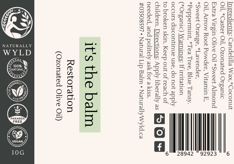 Restoration ozonated olive oil natural lip balm label with full ingredients list by Naturally Wyld