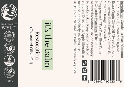 Restoration ozonated olive oil natural lip balm label with full ingredients list by Naturally Wyld
