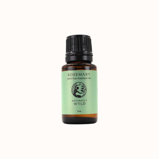 Amber bottle of Naturally Wyld Pure Rosemary Essential Oil with green label