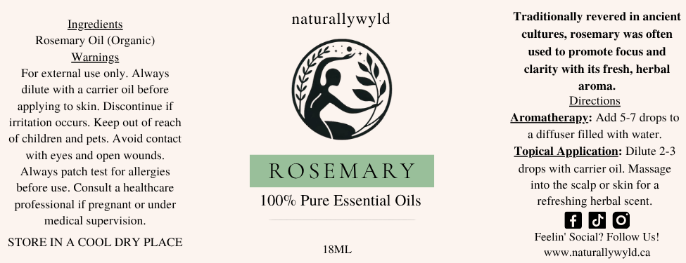Pure Rosemary Essential Oil label in medium sage green for the Naturally Wyld 18ml amber bottle