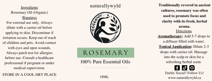 Pure Rosemary Essential Oil label in medium sage green for the Naturally Wyld 18ml amber bottle