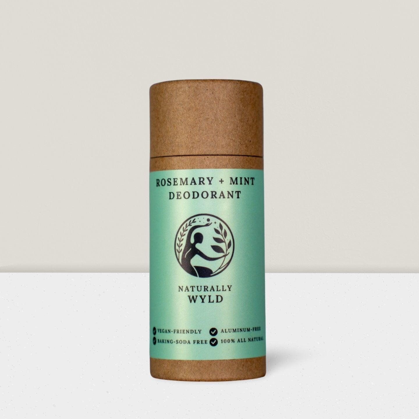 All Natural Naturally Wyld Rosemary Mint Deodorant, vegan, cruelty free, aluminum free, front label, eco friendly plastic free tubes