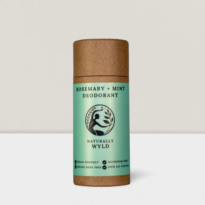 All Natural Naturally Wyld Rosemary Mint Deodorant, vegan, cruelty free, aluminum free, front label, eco friendly plastic free tubes