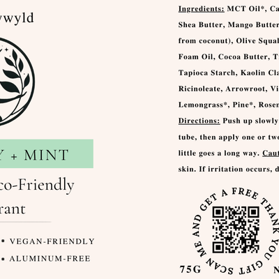 Rosemary and Mint natural deodorant label with full ingredients list by Naturally Wyld