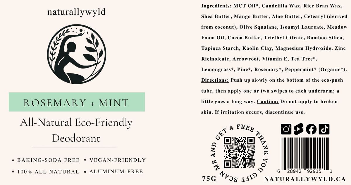 Rosemary and Mint natural deodorant label with full ingredients list by Naturally Wyld