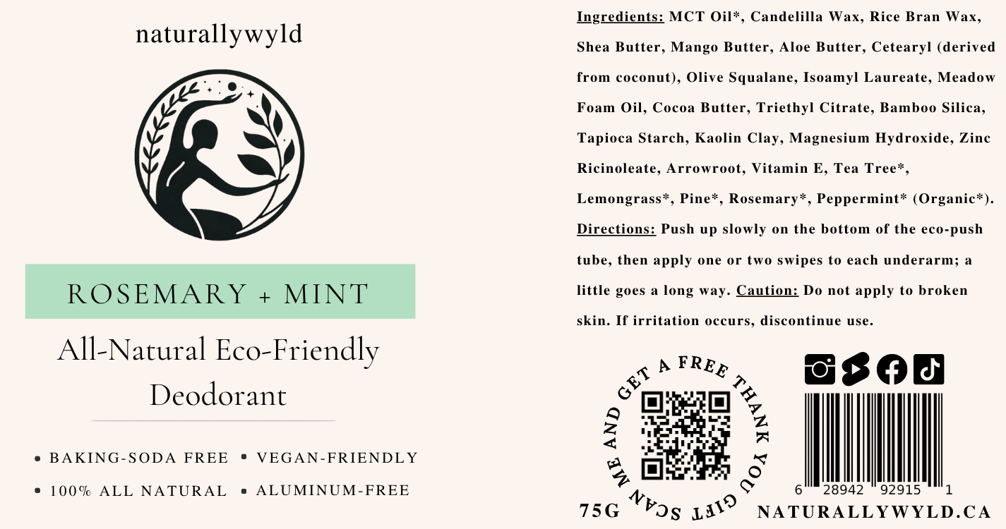 Rosemary and Mint natural deodorant label with full ingredients list by Naturally Wyld