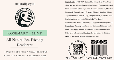 Rosemary and Mint natural deodorant label with full ingredients list by Naturally Wyld