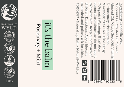 Rosemary and Mint natural lip balm label with full ingredients list by Naturally Wyld