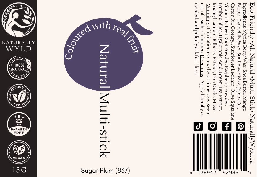 Sugar Plum Multi-Stick label — all-natural vegan makeup for lips, cheeks, and eyes