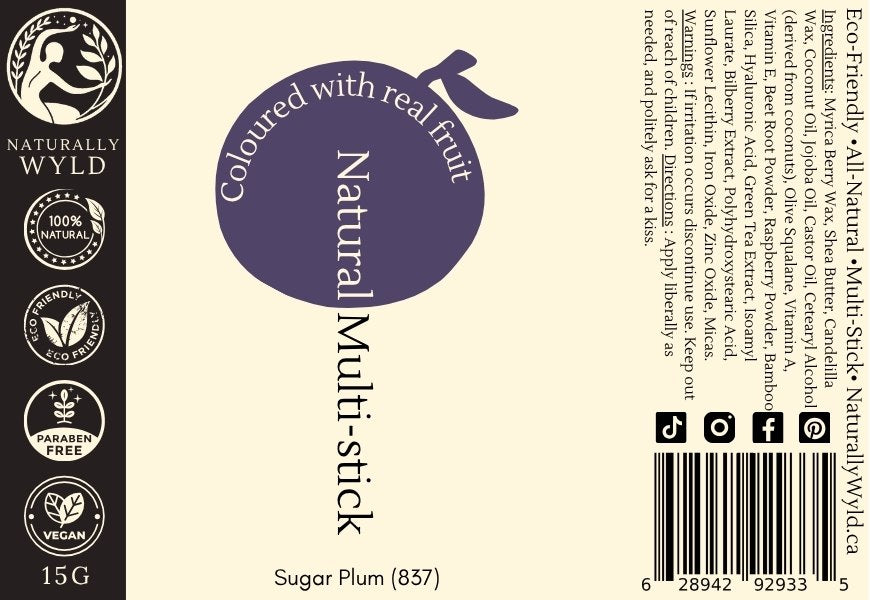 Sugar Plum Multi-Stick label — all-natural vegan makeup for lips, cheeks, and eyes