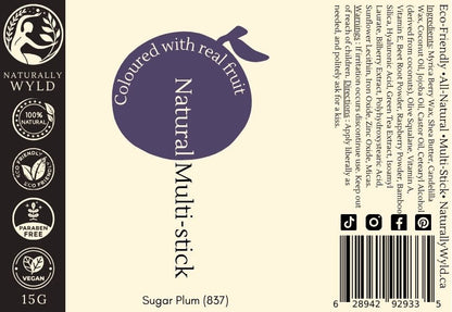 Sugar Plum Multi-Stick label — all-natural vegan makeup for lips, cheeks, and eyes