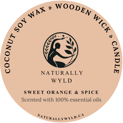 Naturally Wyld Orange Spice Coconut Soy Wax Wooden Wick Candle. Fragrance-Free Wood Wick Candles, Essential Oil Infused Candles, Clean Candles, Zero Fragrance Soy Candles, Canadian Natural Wooden Wick Candles Label front 