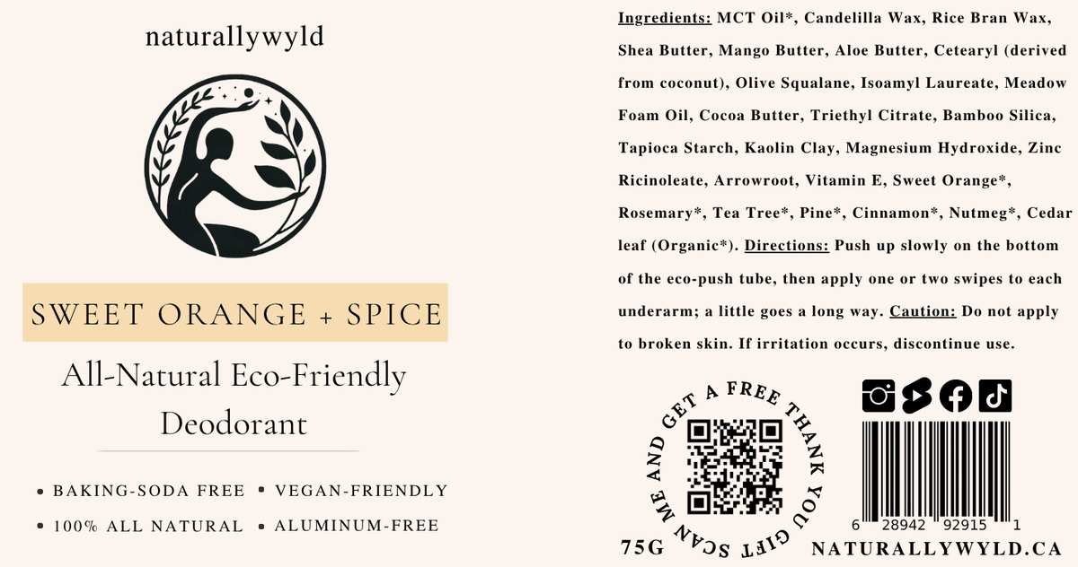 Sweet Orange and Spice natural deodorant label with full ingredients list by Naturally Wyld