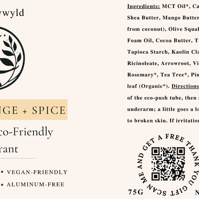 Sweet Orange and Spice natural deodorant label with full ingredients list by Naturally Wyld