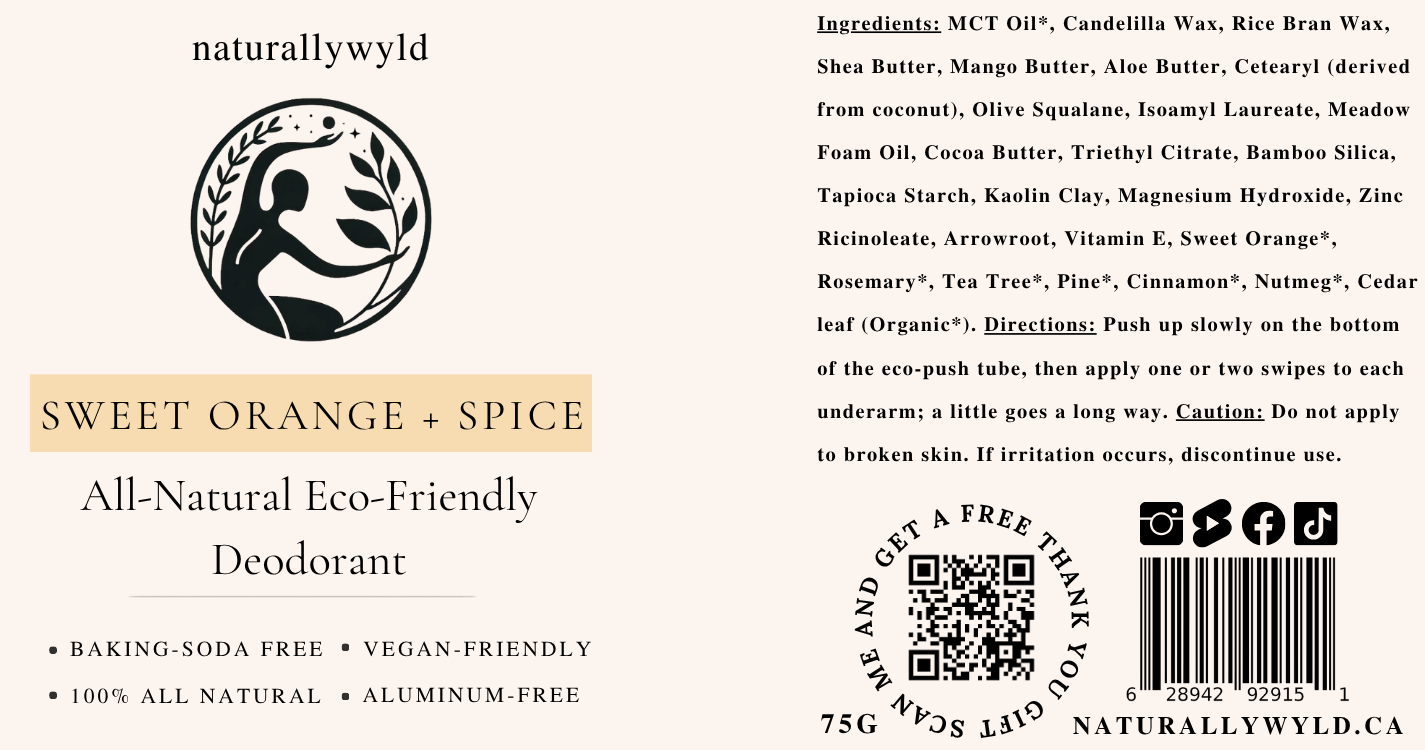 Sweet Orange and Spice natural deodorant label with full ingredients list by Naturally Wyld