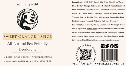 Sweet Orange and Spice natural deodorant label with full ingredients list by Naturally Wyld