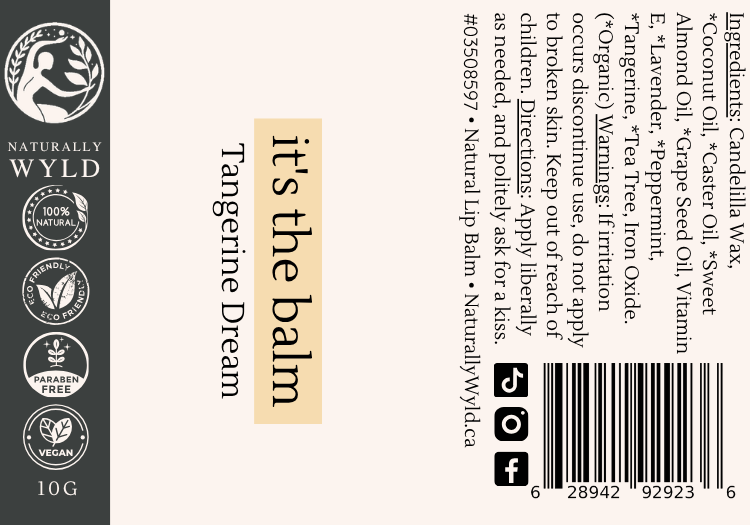 Tangerine Dream natural lip balm label with full ingredients list by Naturally Wyld