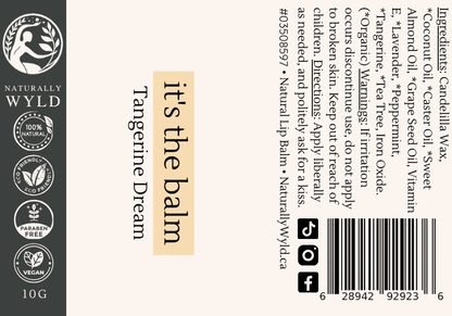Tangerine Dream natural lip balm label with full ingredients list by Naturally Wyld