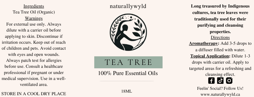 Pure Tea Tree Essential Oil label in grey-sage green for the Naturally Wyld 18ml amber bottle