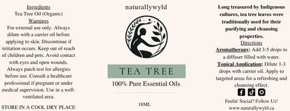 Pure Tea Tree Essential Oil label in grey-sage green for the Naturally Wyld 18ml amber bottle