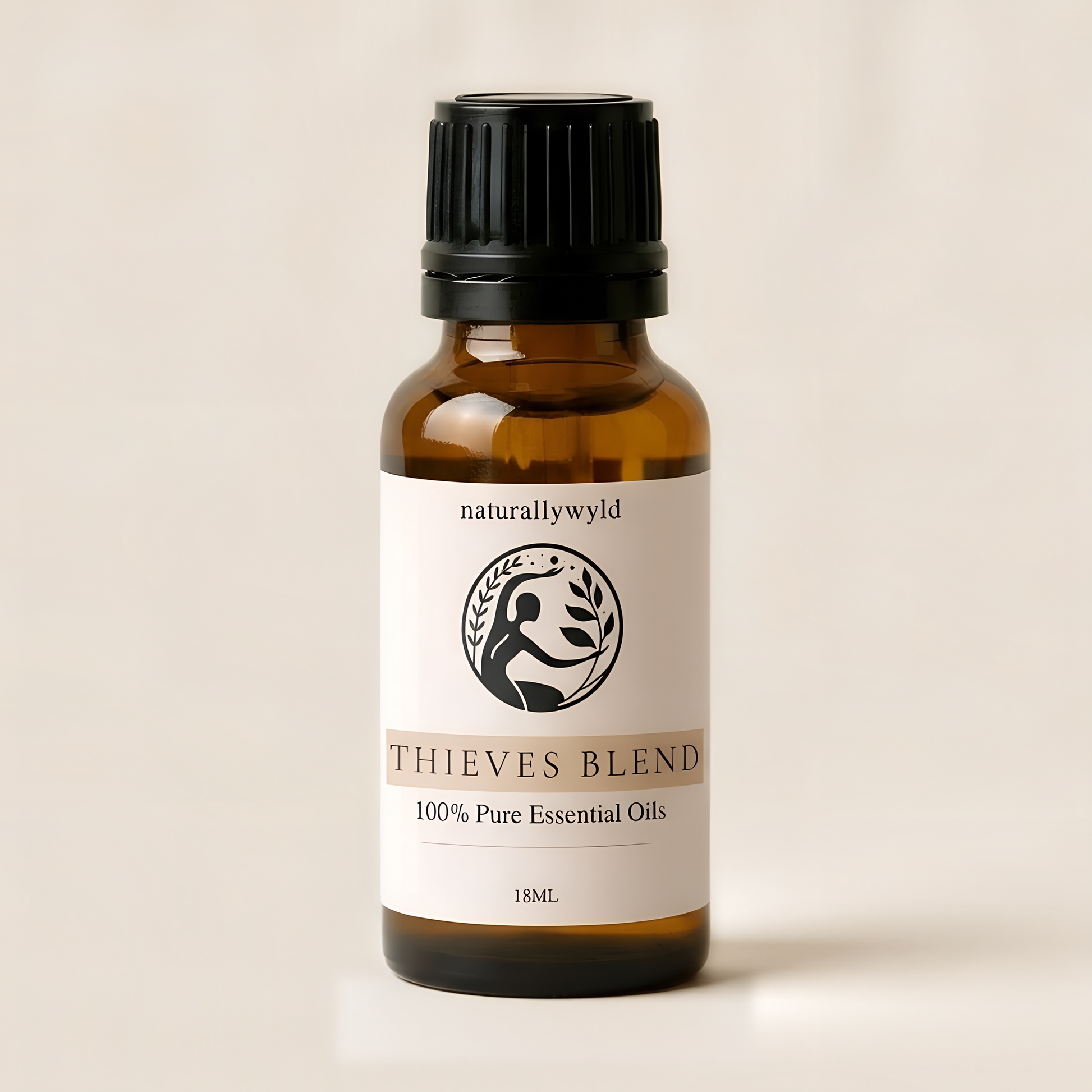 Amber 18ml dropper bottle of Naturally Wyld Thieves' Shield essential oil blend with warm taupe label