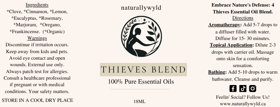 Thieves' Shield essential oil blend label in warm taupe for the Naturally Wyld 18ml amber bottle