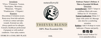 Thieves' Shield essential oil blend label in warm taupe for the Naturally Wyld 18ml amber bottle