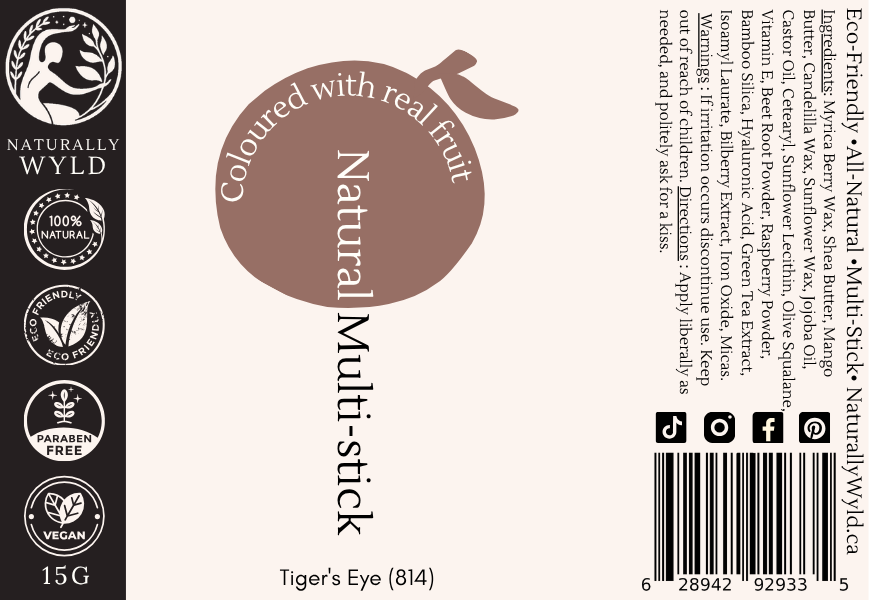 Tiger’s Eye Multi-Stick label – golden brown natural lip, cheek, and eye colour made with fruit pigments in a plastic-free tube