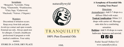 Tranquility essential oil blend label in pale butter yellow for the Naturally Wyld 18ml amber bottle